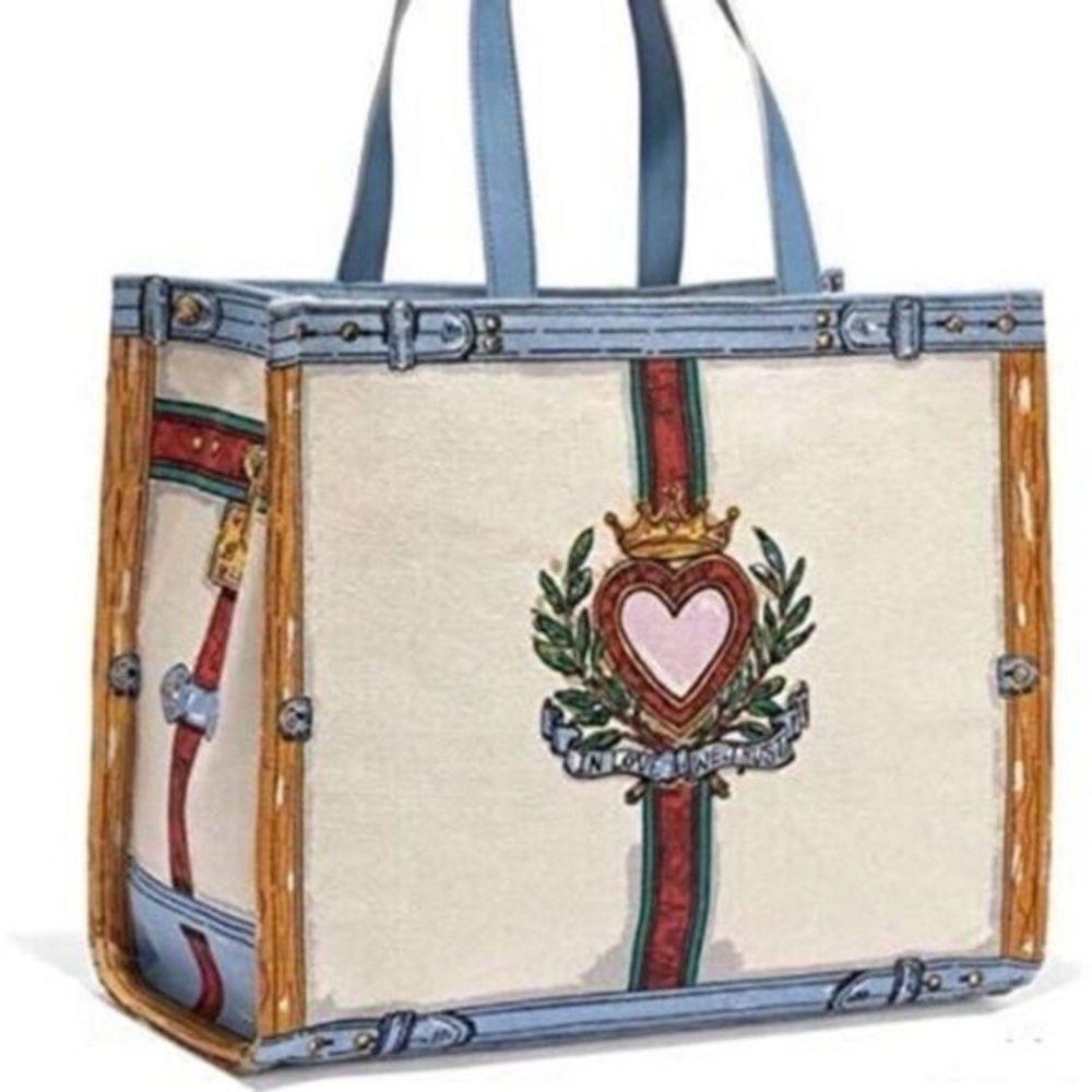 NWT Brighton In Love We Trust Promo Tote Bag Canvas Blue Leather Handles - Picture 2 of 11